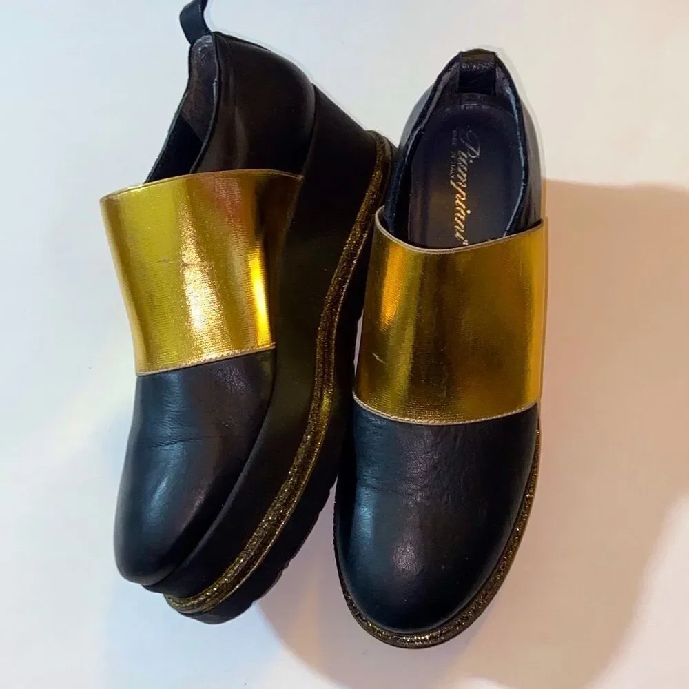 Piampiani Made In Italy Chic Black and Gold Women's Loafers Size 39